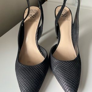 Black croc textured leather heels. Shoes are hi heeled and sexy!